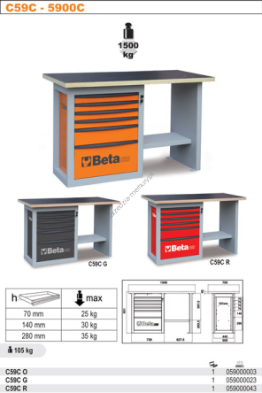 Stół warsztatowy „ENDURANCE” z sześcioma szufladami, model krótki BETA C 59 C