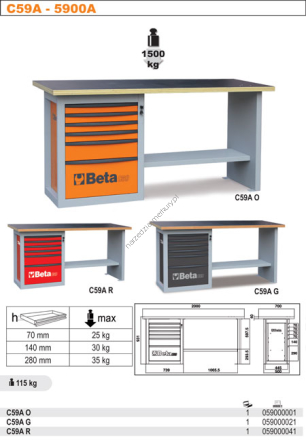 Stół warsztatowy „ENDURANCE” z sześcioma szufladami BETA C 59 A